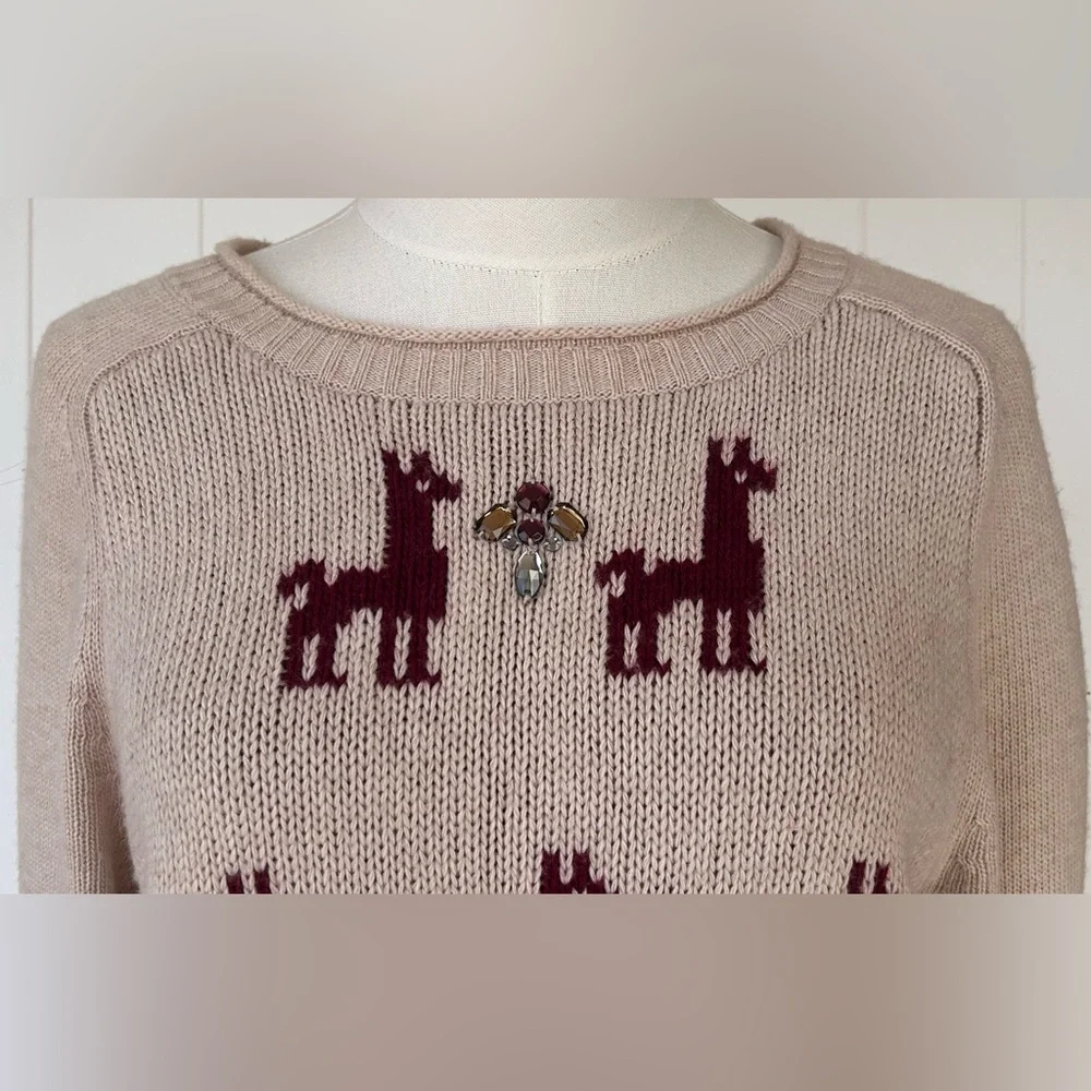 J. Crew Women’s Llama Intarsia Knit Wool Blend Sweater Jewel Embellished Size Lg